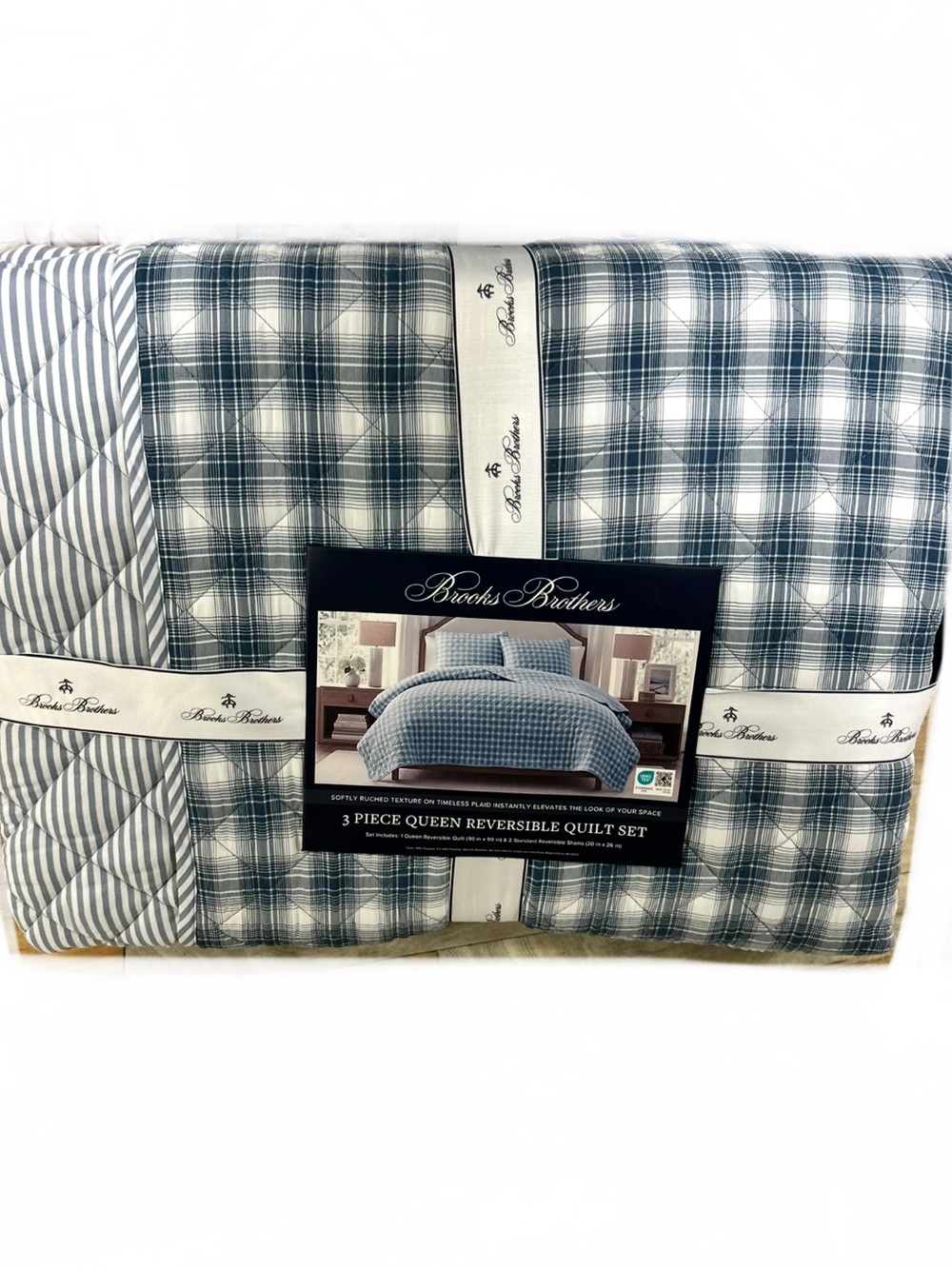 Brooks Brothers Plaid Blue and White Reversible Queen Quilt Set 90”x90”